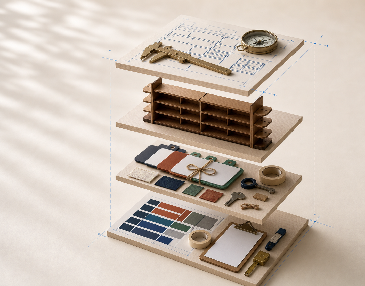 Exploded four-layer in-store execution kit combining a store schematic, merchandising fixture, demonstration materials, and promotional tools.